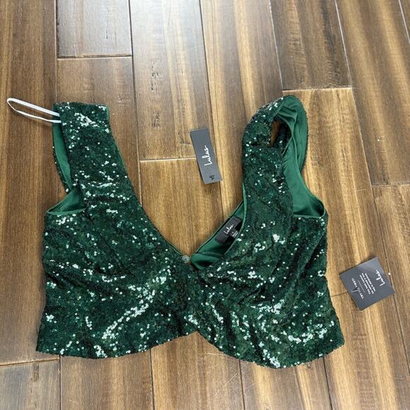 NWT Lulu's Green Sequin Deep V Neck Tank Crop Top Ruffle Hem Sleeveless Bralette - Picture 2 of 13